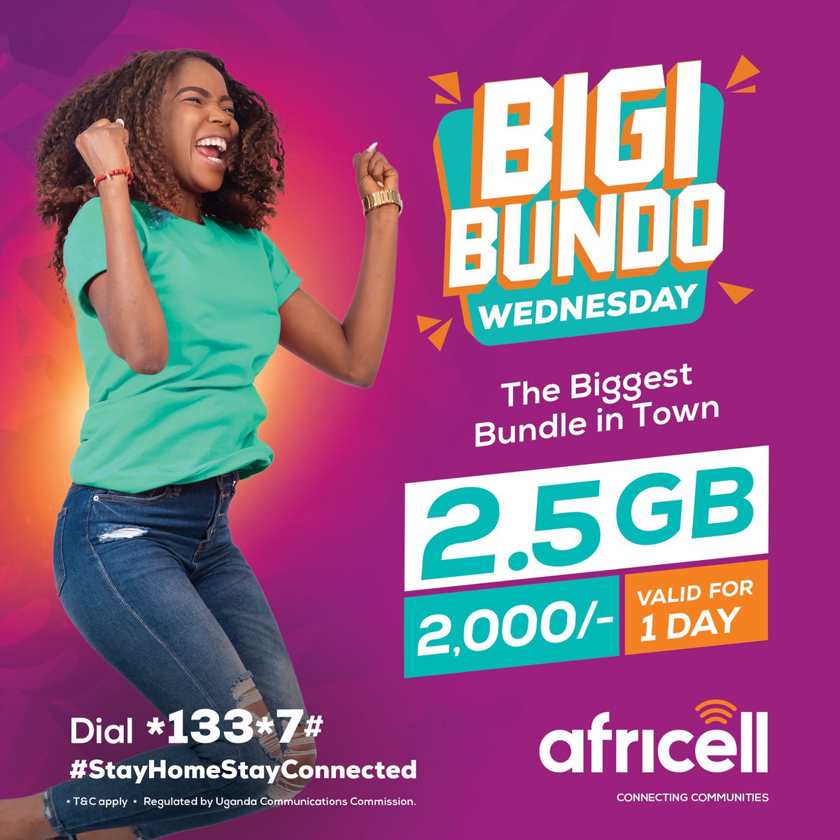 The Wednesday #BigiBundo is here! At just UGX 2,000 get 2.5GB valid for a day. Dial *133*7# to activate the BIGGEST BUNDO IN TOWN. #ConnectingCommunities