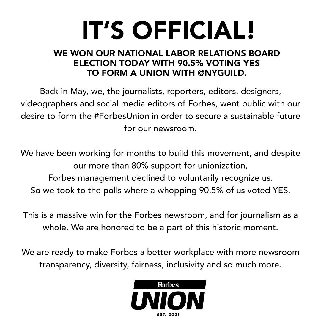 🎉 IT’S OFFICIAL 🎉
We won our National Labor Relations Board election today 67-7 with 90.5% voting YES to form a union with <a href="/nyguild/">NewsGuild of New York</a>. #ForbesUnion nyguild.org/post/editorial…
