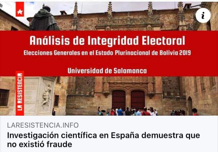 JamesCrespo76's tweet photo. #NoEsVenganzaEsJusticia 
#LOÚLTIMO: Un análisis pericial del proceso electoral de 2019 realizado por la Universidad de Salamanca determinó que no hubo fraude, además señala que algunas accciones de negligencia fue por NEOTEC.
@grupoeldeber @RedUnoTv @carlosdmesag @eva_chuquimia https://t.co/NX1jqLU6Bg