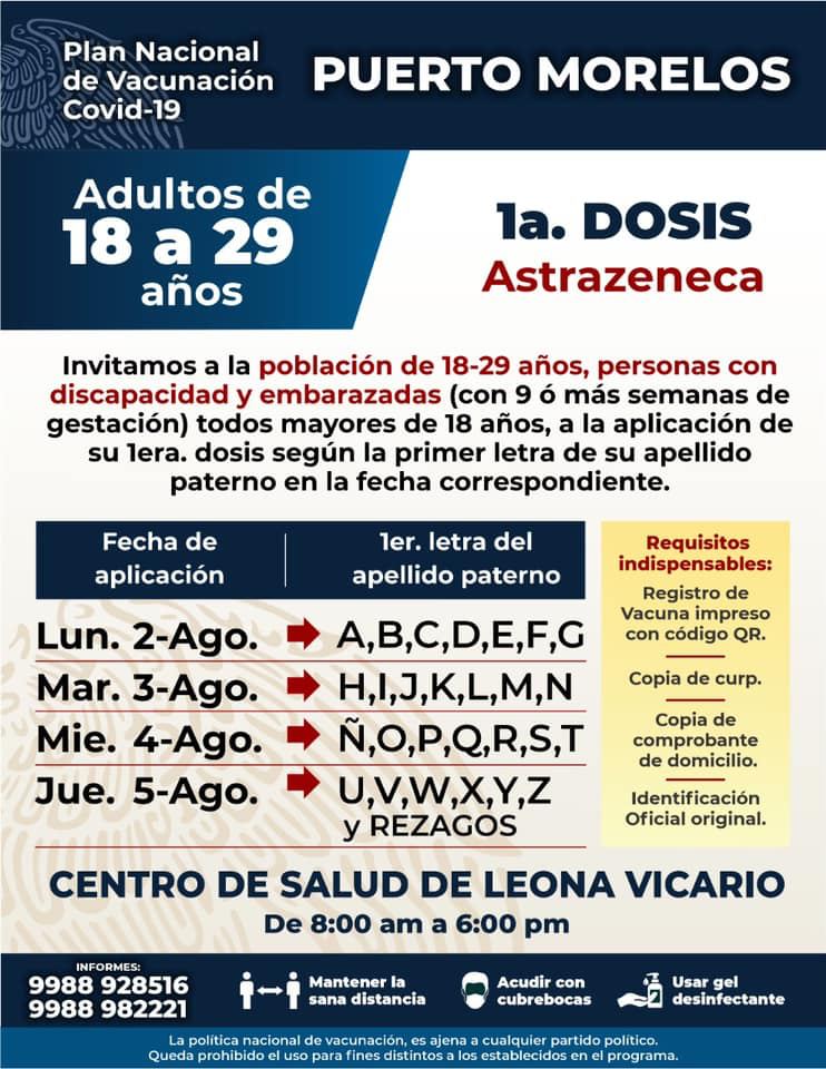 El próximo lunes 2 de agosto iniciamos en #PuertoMorelos la aplicación de primera dosis AstraZeneca a jóvenes de 18 a 29 años. #PonteVIVO, vacúnate y no bajes la guardia: usa cubrebocas y los hábitos de salud. <a href="/SESA_QROO/">SESA Quintana Roo</a>