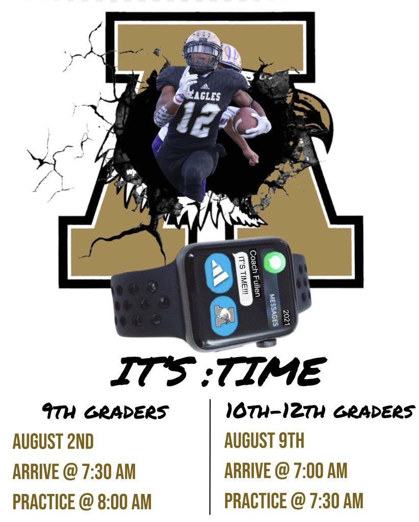 AbileneEagleFB's tweet photo. IT’S : TIME

Must have a physical to receive your #GoldDome

 @MedicineAction offering $15 Physicals SATURDAY JULY 31st 
(9 AM - 11 AM)

#Freshman will report for Fall Camp on AUGUST 2nd @ 7:30 AM

#Upperclassmen will report for Fall Camp on AUGUST 9th @ 7:00 AM

#TEW https://t.co/jBw60cwwWj