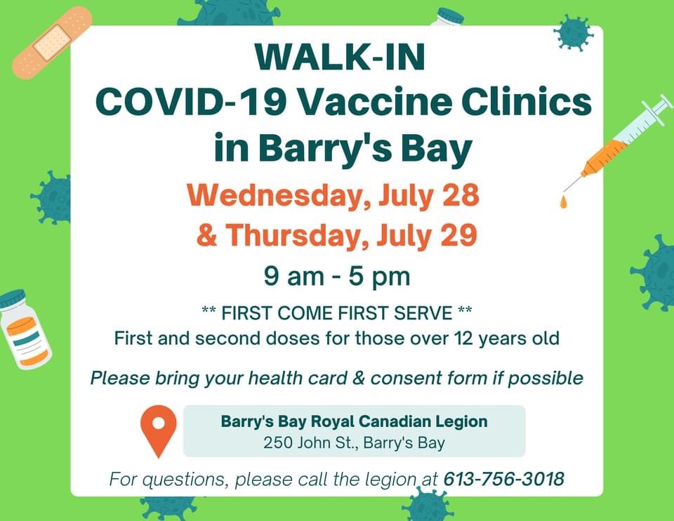 @mvfht♦️ (@mvfhtmvfht256) on Twitter photo Tell your friends! Barry’s Bay Walk in clinics this week. Get your vaccine! Protect yourself and your loved ones! <a href="/RCDHealthUnit/">Renfrew County and District Health Unit</a> <a href="/rcvtac/">Renfrew County Virtual Triage & Assessment Centre</a> @MadawaskaValley <a href="/mvalleycurrent/">The Madawaska Valley Current</a> <a href="/RenCtyParamedic/">County of Renfrew Paramedic Service</a> <a href="/1065MooseFM/">Moose FM Barry's Bay</a> #GetVaccinatedNow Tell your friends! Barry’s Bay Walk in clinics this week. Get your vaccine! Protect yourself and your loved ones! <a href="/RCDHealthUnit/">Renfrew County and District Health Unit</a> <a href="/rcvtac/">Renfrew County Virtual Triage & Assessment Centre</a> @MadawaskaValley <a href="/mvalleycurrent/">The Madawaska Valley Current</a> <a href="/RenCtyParamedic/">County of Renfrew Paramedic Service</a> <a href="/1065MooseFM/">Moose FM Barry's Bay</a> #GetVaccinatedNow