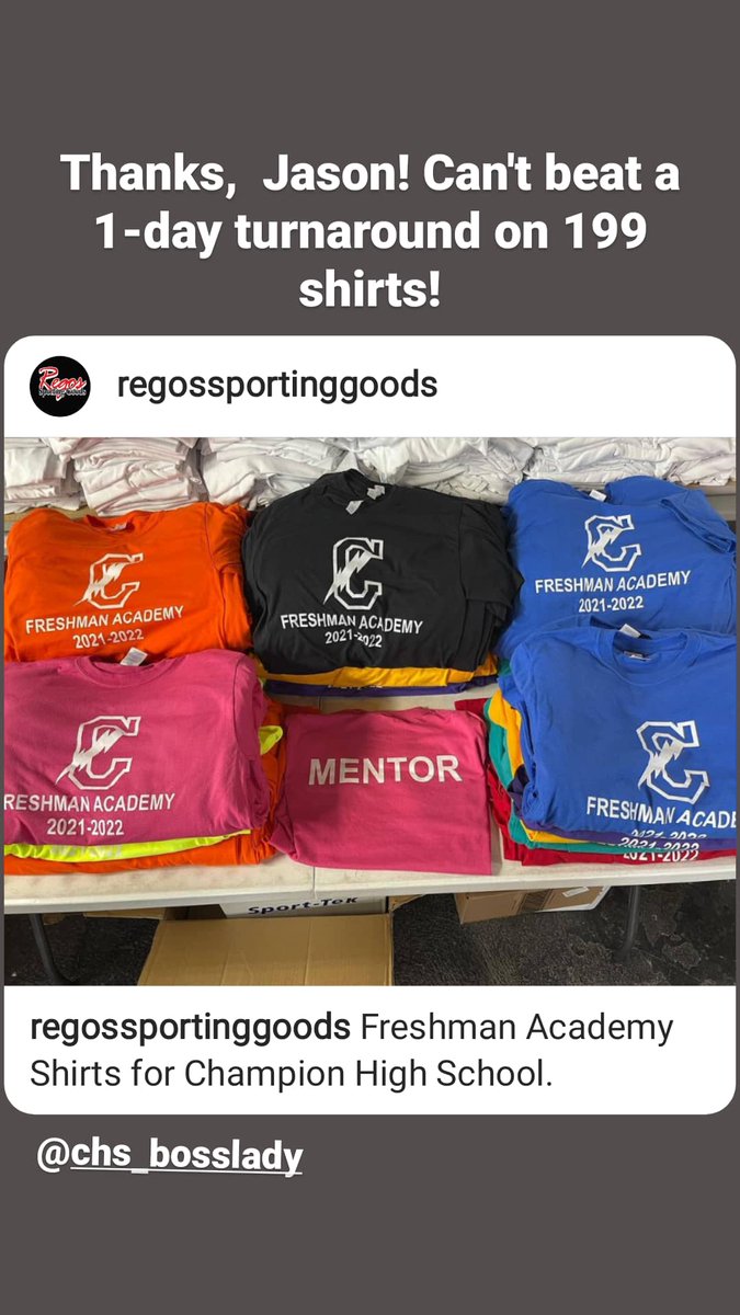 CHS_Flash_VP's tweet photo. Thank you for getting our Freshman Academy shirts done, @jperry1441! Can't beat a 1-day turnaround on 199 t- shirts from Rego's!
#regossportinggoods #regos #FreshmanAcademy #readytoroll https://t.co/XZamJiATEe