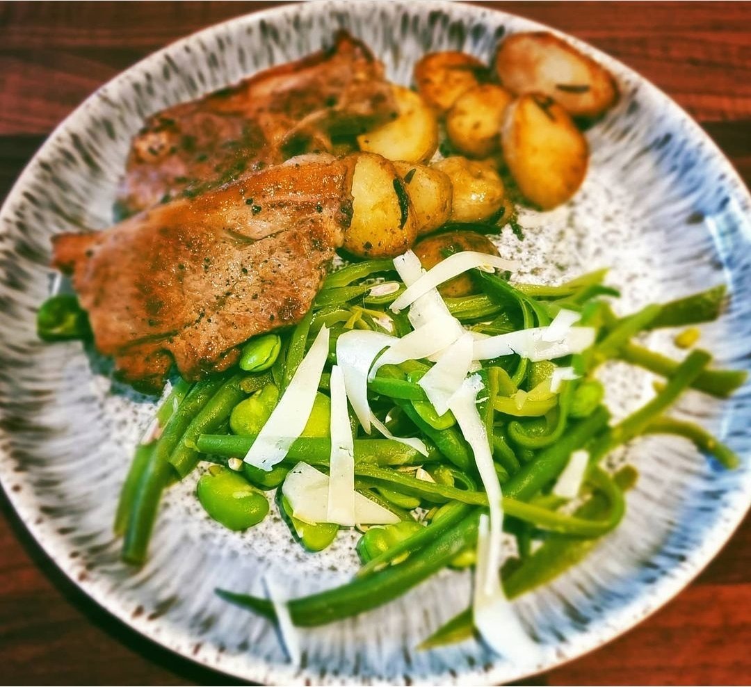 Homegrown French beans, runners, broad beans with pecorino and lemon. Lamb and sauted Jersey royals.