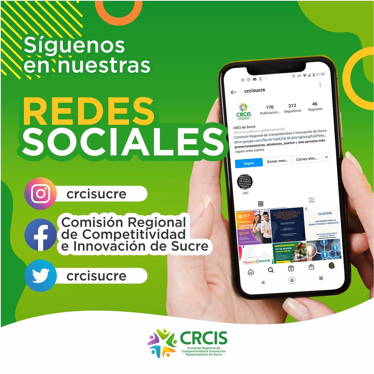 crcisucre's tweet photo. ¿Quieres enterarte de todas las noticias, eventos y/o convocatorias emitidas por los actores que hacen parte de la Comisión Regional de Competitividad e Innovación de Sucre?
Síguenos en Redes sociales! https://t.co/6M7fUBa7CZ