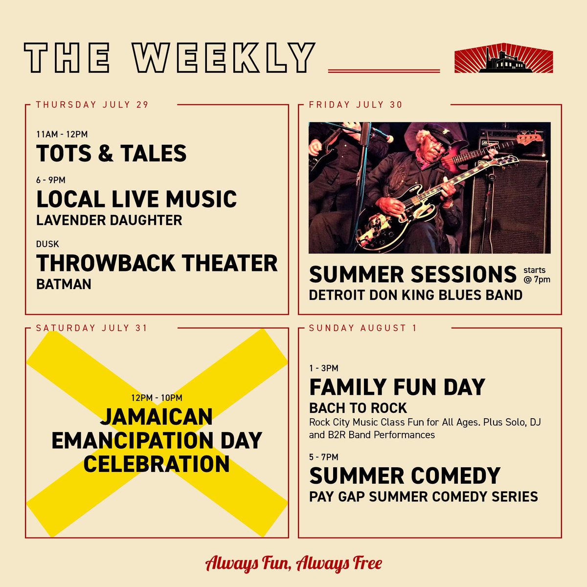 The Weekly just dropped! For full details on our Live Music lineup, Throwback Theater, Family Fun events, and <a href="/Pimentokitchen/">Pimento Kitchen</a>’s Jamaican Emancipation Day Celebration, head to kegandcase.com/events!