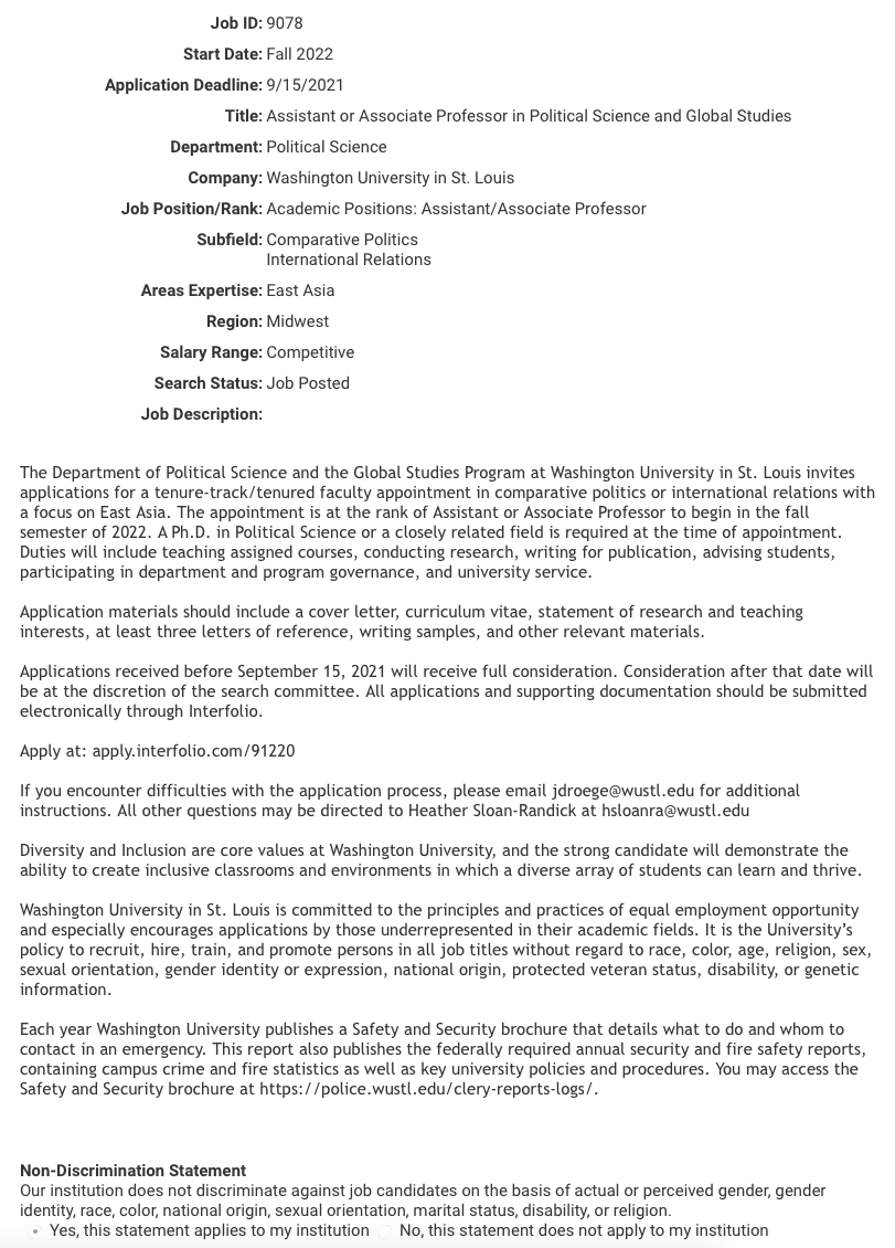 William Nomikos (@wnomikos) on Twitter photo 🚨 JOB! JOB! JOB! 🚨
@WUSTLPoliSci is searching for a TT line in IR or CP with a focus on East Asia. Assistant or Associate level. App deadline is 9/15! Not on committee but happy to answer questions. Ejobs ad live now 👇
CC: <a href="/womenalsoknow/">womenalsoknowstuff</a> @POCalsoknow #psjminfo 🚨 JOB! JOB! JOB! 🚨
@WUSTLPoliSci is searching for a TT line in IR or CP with a focus on East Asia. Assistant or Associate level. App deadline is 9/15! Not on committee but happy to answer questions. Ejobs ad live now 👇
CC: <a href="/womenalsoknow/">womenalsoknowstuff</a> @POCalsoknow #psjminfo