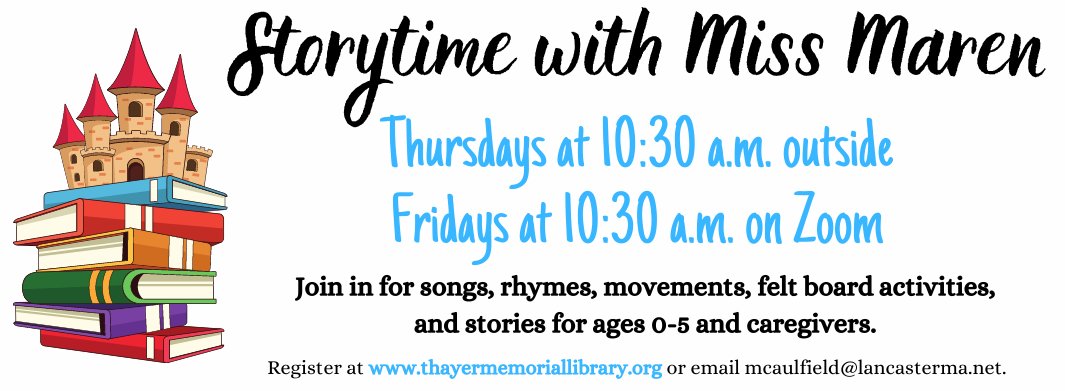 thayer_library's tweet photo. STORYTIME with Miss Maren is back!

OUTSIDE behind the library on THURSDAYS at 10:30 (masks requested).

ON ZOOM on FRIDAYS. Register here: https://t.co/gODrc1uYng https://t.co/NO4s7X7yTd