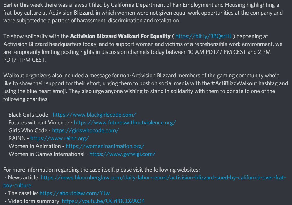 Ravenholdt's tweet photo. In solidarity with the #ActiBlizzWalkout 💙, the Ravenholdt Discord channels will go silent from 10am-2pm PT on July 28, 2021. https://t.co/SbqebAyrbd
