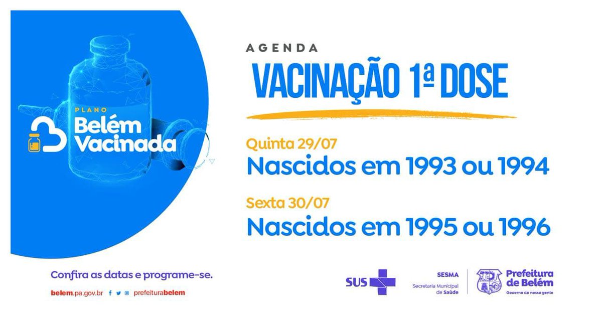Avisa que é ela! 💉🤩💉

Colocando aqui a agenda para vocês não esquecerem que quinta-feira, 29, vacinam os nascidos em 1993 e 1994 e que na sexta-feira, 30, é a vez dos nascidos em 1995 e 1996. Já separa os documentos porque esse momento é de vocês! 😌💜

#PrefeituraBelem