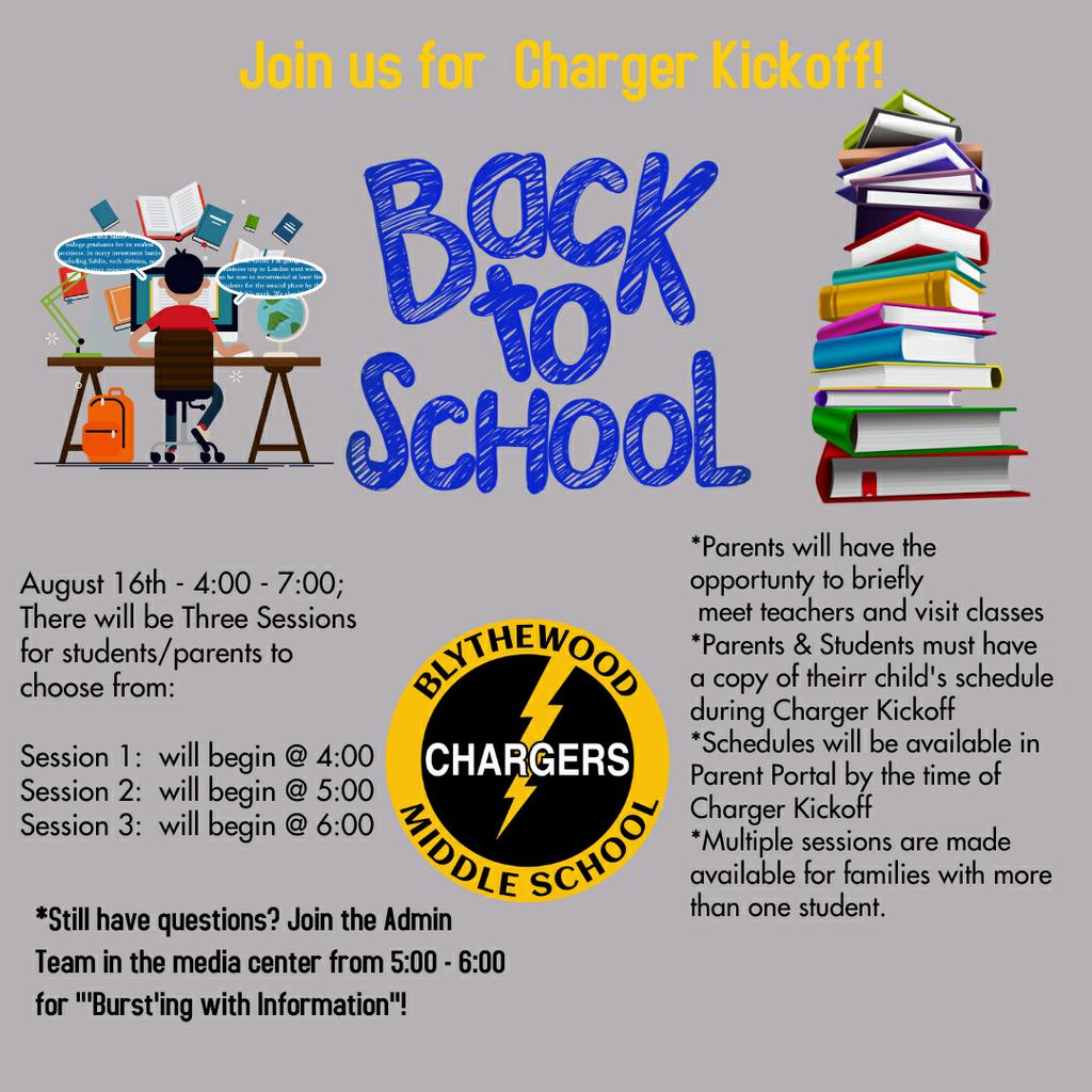 Greetings Charger Families,

Please review the attached flyers regarding our  "Charger Kickoff" &amp; "Step Up to Sixth &amp; Seventh" events.  #BMSMakeItHappen!