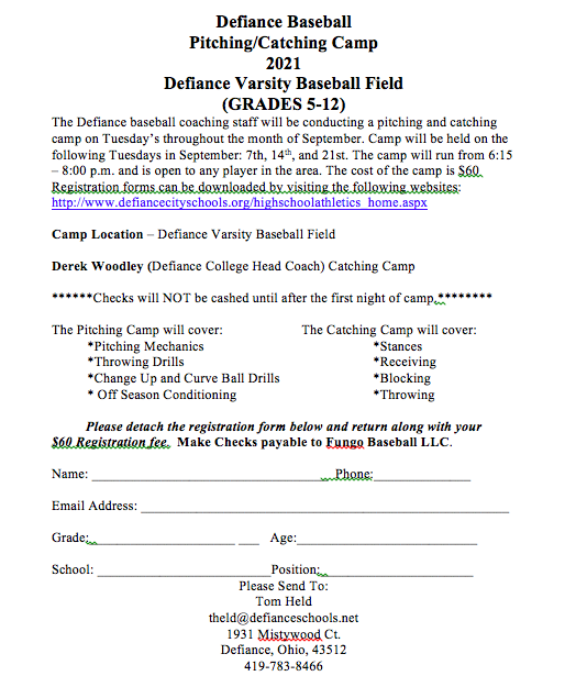 Pitchers/Catchers Camp coming in September to Defiance Highs School.  Tuesday nights for Grades 5-12
