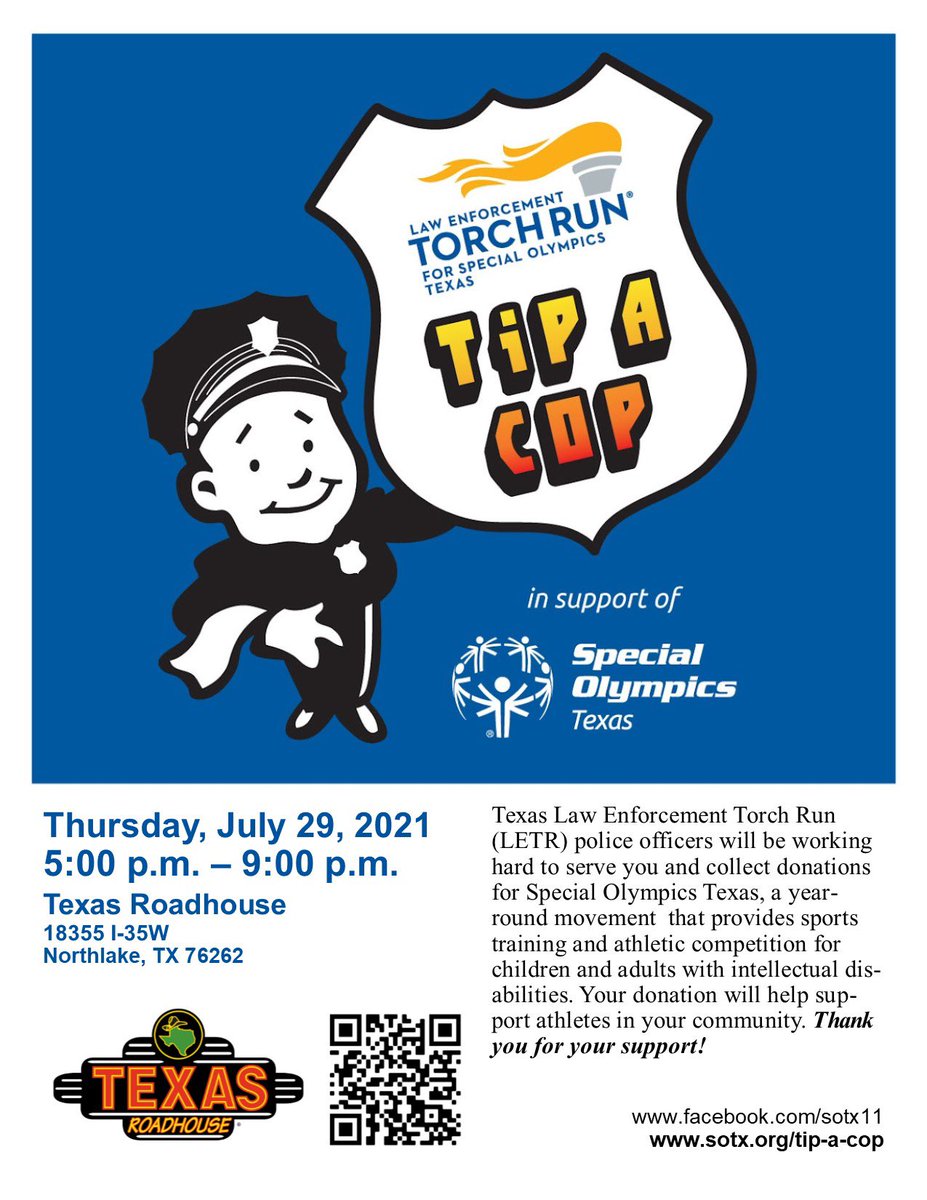 KellerPolice's tweet photo. Join us for dinner this Thursday at Texas Roadhouse in Northlake as the Keller Police Department raises money for the Special Olympics Texas. https://t.co/SeJxg0Q8IL