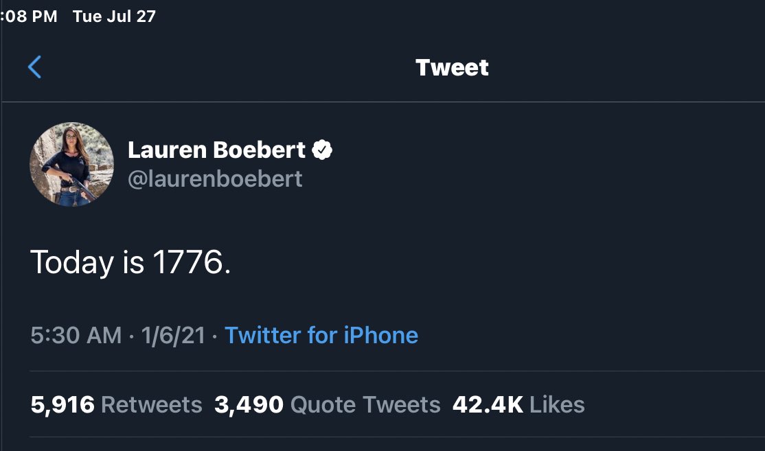 KuuipoSays's tweet photo. @Cindyb23263 @BurnettForCO3 @UROCKlive1 @laurenboebert @SpeakerPelosi Don’t forget this classic tweet by @RepBoebert ‘Today is 1776’, before the #Insurrection. As heard today in testimony, ‘1776’ was a common theme police heard by the #terrorost insurrectionists cries during #Insurrection. https://t.co/ngZEDbjMlq