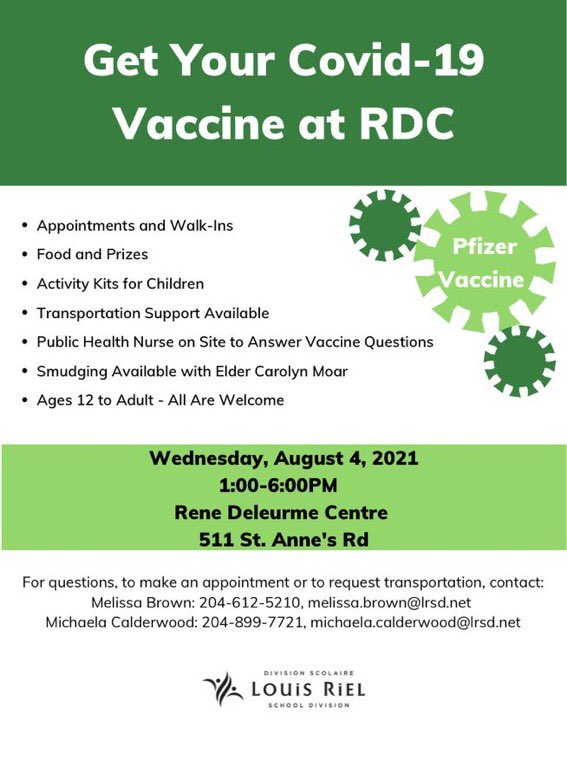 rdcLRSD's tweet photo. We are pleased to be able to support community members by hosting a popup COVID-19 vaccination clinic on August 4th. #StrengthInCommunity @louis_riel_sd https://t.co/BkL1Di2GWn