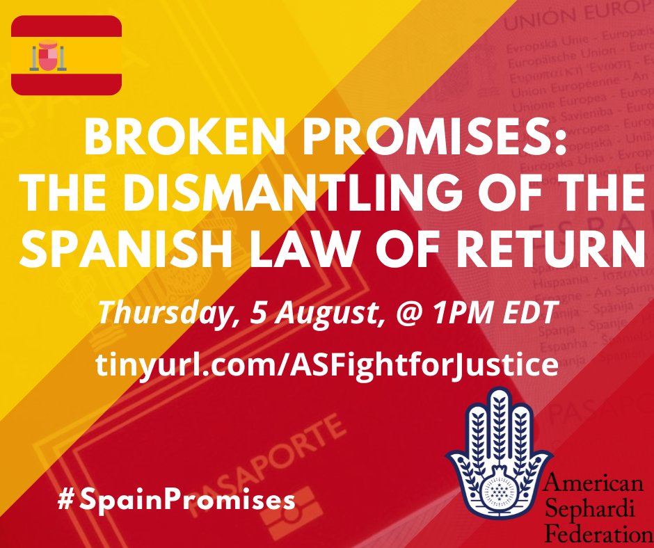 AmericanSephard's tweet photo. Join the #ASF for an exclusive briefing on the situation in Spain as the ruling Spanish Socialist Workers’ Party(PSOE) bureaucratically dismantles the Sephardic citizenship law, betraying 🇪🇸’s promise to atone for the Alhambra Decree &amp; the horrors of the Inquisition. @SpainMFA https://t.co/yZVnZ7A3xy