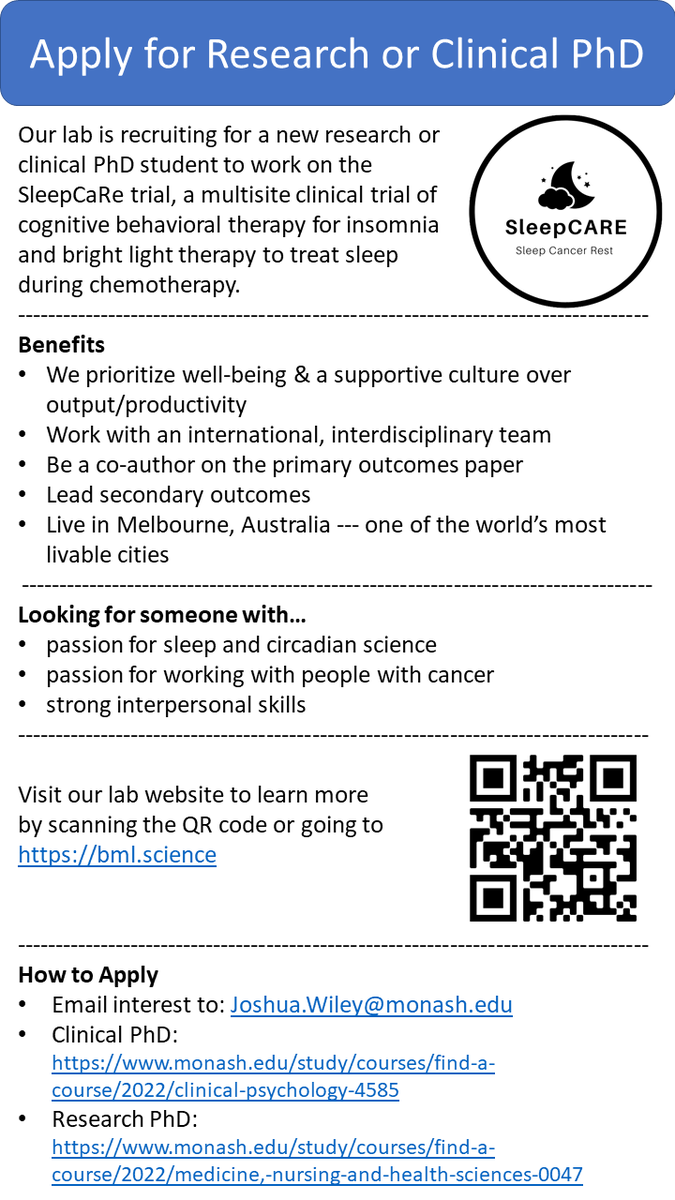 Our lab is recruiting for someone interested in a research or clinical PhD in psychology in #sleep &amp; #circadian science working on a multisite trial in #Cancer 
2min video to learn about the trial: youtube.com/watch?v=NQDSr-…
Email/DM Qs to me. International students welcome!