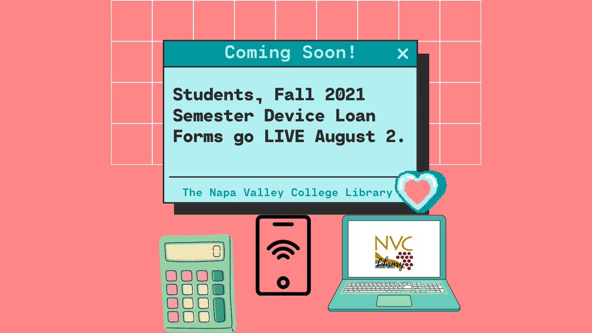 McCarthyLibrary's tweet image. Stay tuned for upcoming library device rental sign-up form links and enjoy the rest of your summer! 

#wearenvc #startheregoanywhere #napavalleycollege #napavalley #californiacommunitycollege #communitycollege #collegelibrary #studentsfirst #studentsuccess #library #nvclibrary