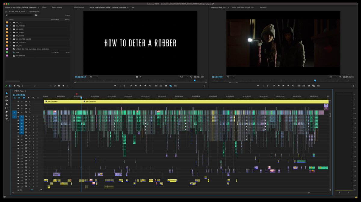 ptrcklwrnce's tweet photo. @AdobeVideo Here’s a look at my @Adobe #PremierePro timeline from “How to Deter a Robber” - In Theatres Now and On Demand! @AdobeVideo @creativecloud @XYZFilms #howtodeterarobber #timelinetuesday https://t.co/hHYNljtWh7