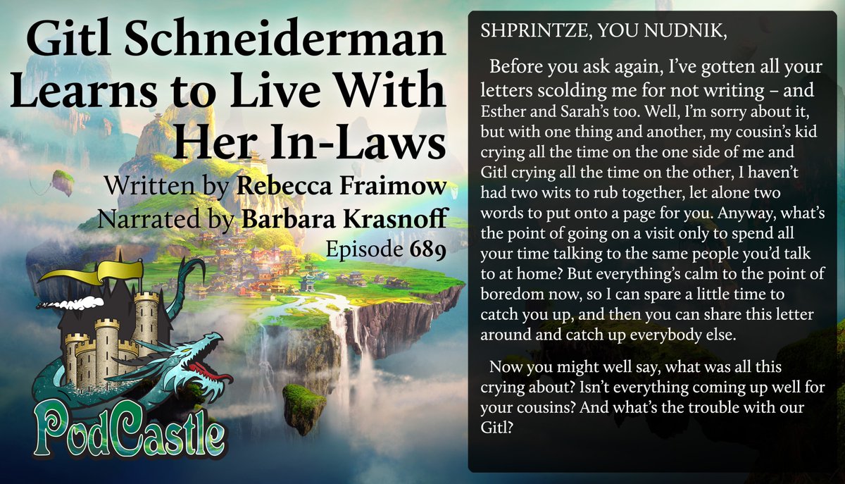 PodCastle_org's tweet photo. #pc689 GITL SCHNEIDERMAN LEARNS TO LIVE WITH HER IN-LAWS by @ryfkah, narrated by @BarbK. A #PodcastleOriginal! Rated PG.
This is the third in a series, and although you can listen to it standalone, the previous two are threaded below...
https://t.co/aT2MtlDLan https://t.co/LPSC8WzAjj