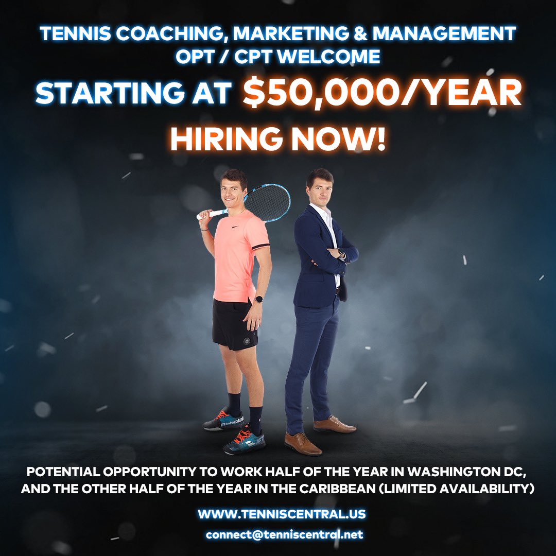 ABaguelin's tweet photo. Hello everyone,

#JOB #OPPORTUNITY: 

Our company Tennis Central is looking for coaches and college players to work as tennis coaches in the Washington DC area starting in August 2021 and for the Fall 2021 (and longer if a good fit).
#OPT #greencard and #CPT opportunities https://t.co/GXlwHXBJuX