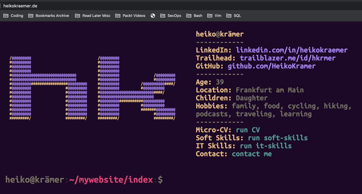 Heiko__c's tweet photo. @traversymedia  tweaked the terminal-style website tutorial quite around today … made it look like my actual terminal with neofetch and monokai theme. Really like it – thanks for the inspiration! https://t.co/FQF7GsyTMA