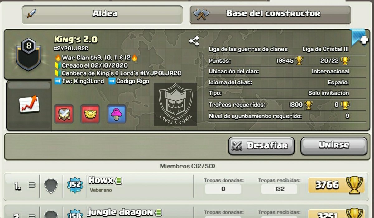 King's 2.0 Te necesita! 👀 #2YPOLJR2C 

Estamos reclutando jugadores TH9, TH10, TH11, TH12, etc.
⚔️ Liga Cristal 3 🔮 

Requisitos:

➡️ Aldeas y donaciones niveladas
➡️ Actividad 
➡️ Respeto 
➡️ 2000 puntos mínimos en los juegos 

✅ Grupo de W.A y Discord para mejor organización