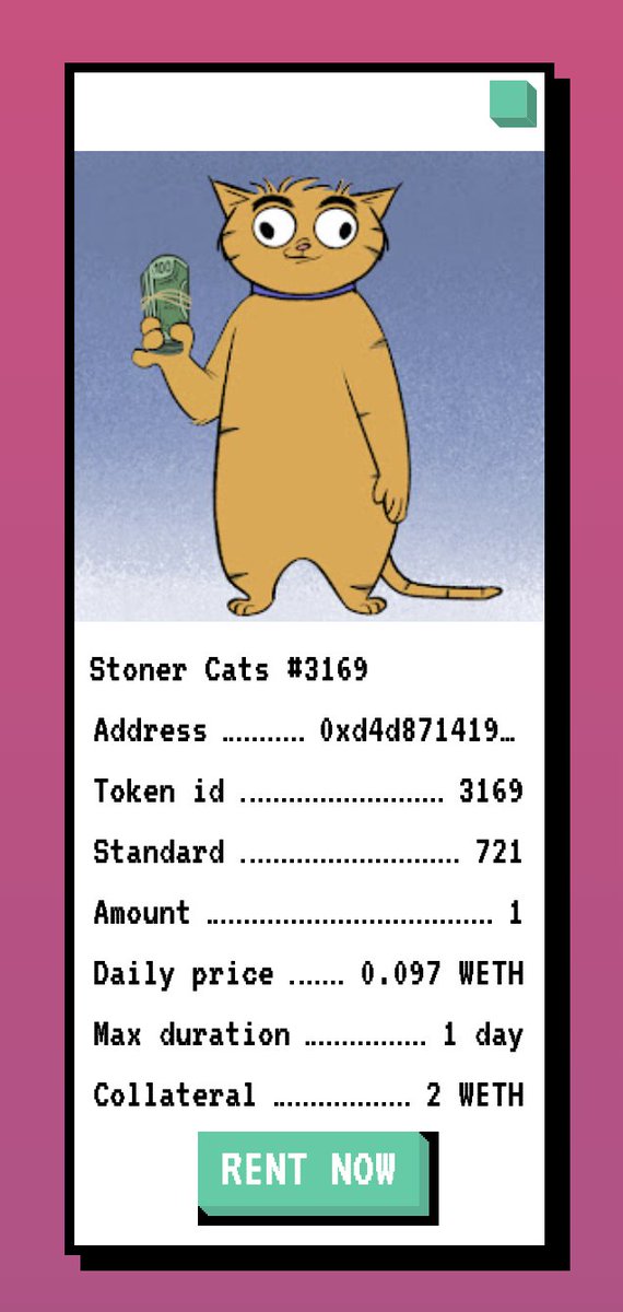 netdragon0x's tweet photo. I have *not* vetted the contracts for myself, but for science I setup one of my @stonercatstv on @renftlabs at https://t.co/EI72JGgy1d for 0.097 ETH/day (w/ collateral of 2 ETH).

If you don't own a cat, but want to watch the episode when it airs, you can do so! https://t.co/tVzZjLBodE