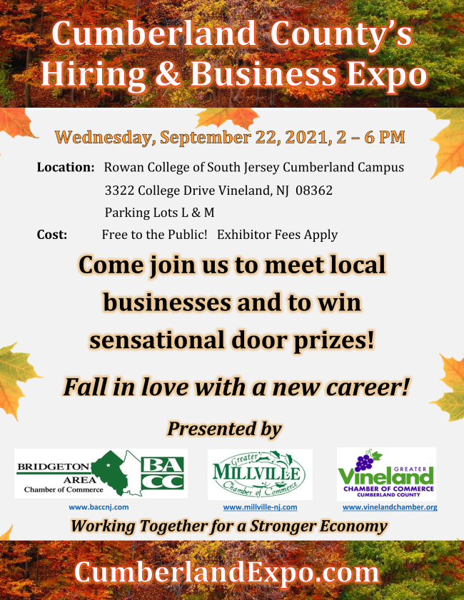 BACCNJ's tweet photo. Join us for the Cumberland County Hiring &amp; Business Expo, Sept. 22, 2021, 2 - 6 PM, Outdo... https://t.co/ibgGWZ51Jl https://t.co/3P2Jqo4OUw