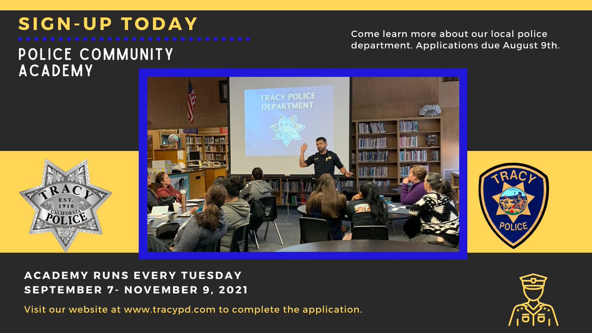 Sign up today for our upcoming Community Police Academy. 🚔

#tracypd #tracytogether #tracyca

facebook.com/TracyPolice/po…