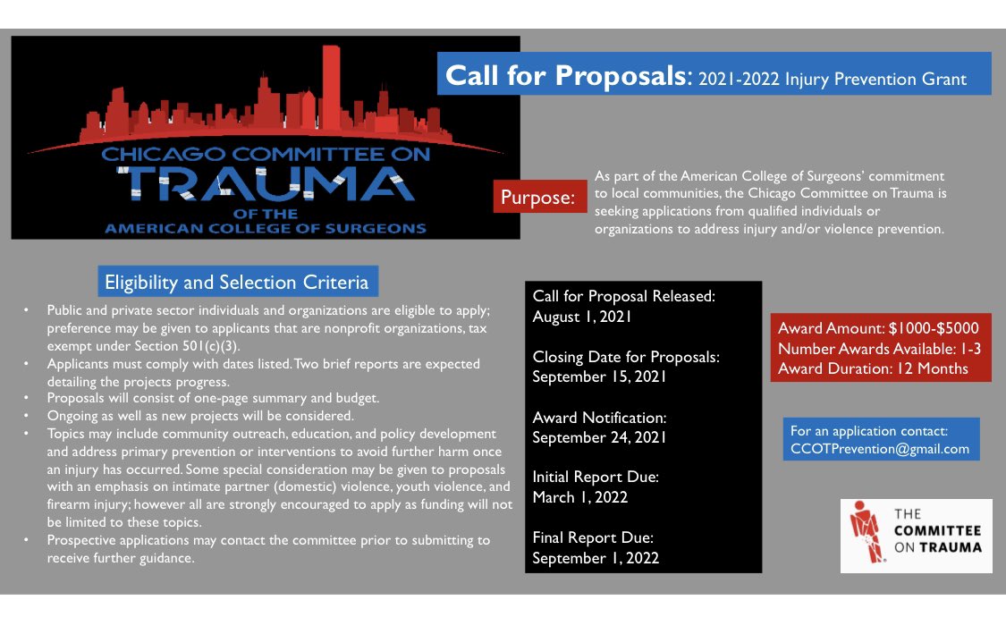 ChicagoTrauma (@chicagocot) on Twitter photo Apply for the 2021-2022 CCOT Injury Prevention Grant. Looking for local community groups focused on injury and violence prevention. More info at CCOTPrevention@gmail.com Apply for the 2021-2022 CCOT Injury Prevention Grant. Looking for local community groups focused on injury and violence prevention. More info at CCOTPrevention@gmail.com
