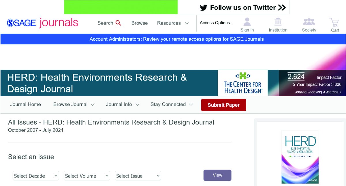 Wait! Did I just see that the <a href="/HERDjrnl/">Health Environments Research & Design Journal</a> impact factor is 2.62? Great strides <a href="/healinggarden/">Naomi A. Sachs, PhD</a>, Kirk, and Debbie! @CHD_tweets
