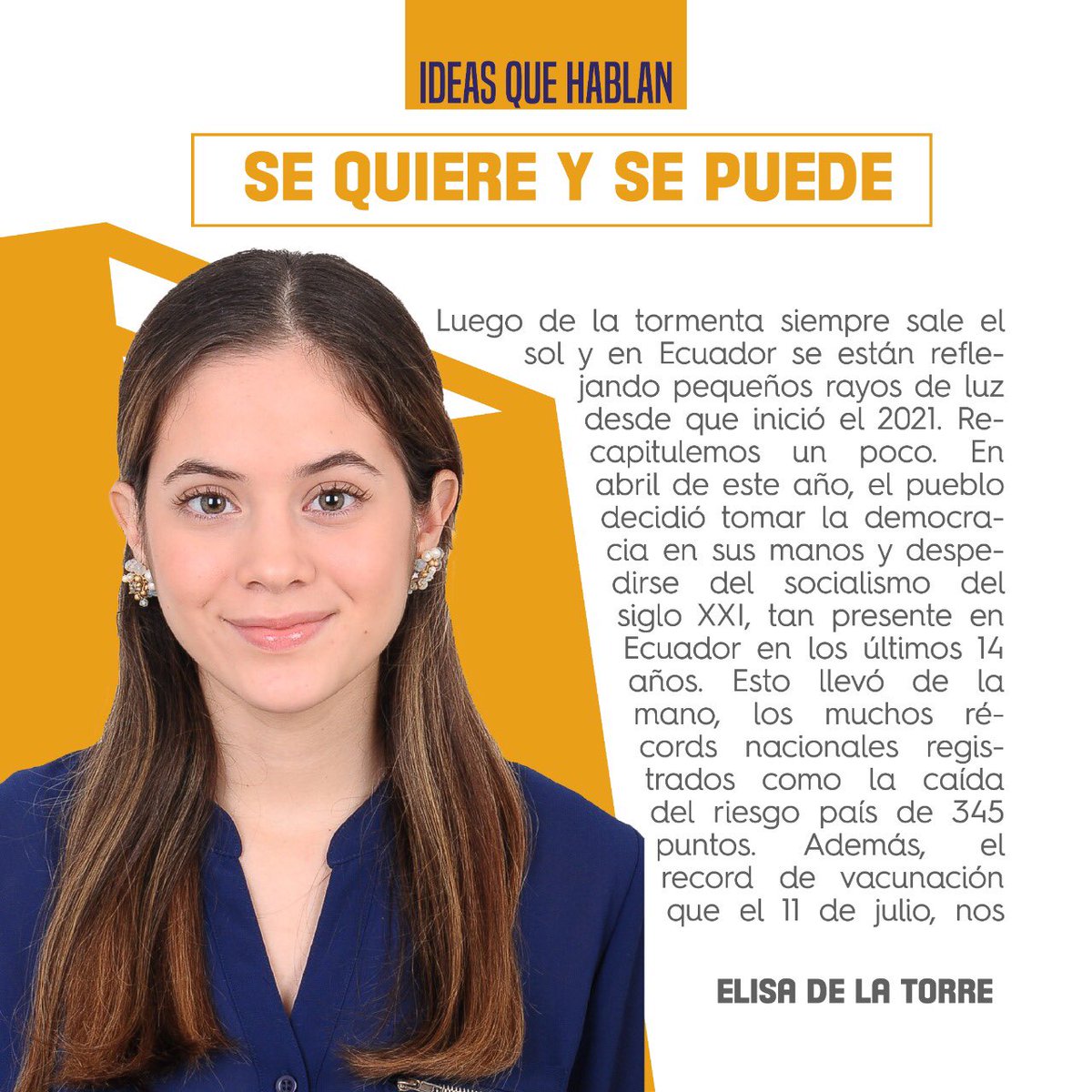 Humanamente_ec's tweet photo. Un mensaje de ánimos🇪🇨🙌🏼
@elisadlatorres nos invita a reflexionar sobre los logros que hemos conseguido los ecuatorianos en varios ámbitos💪🏼 ¡Sigamos demostrando que queremos y que podemos!
#IdeasQueHablanEc #jóvenesecuador #ecuador2021 #ideasjóvenes #ideaslibres #educación https://t.co/9G5CdELtdS
