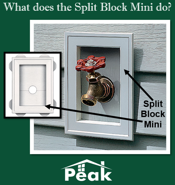 worthapeak's tweet photo. Split Block Minis are installed on top of the siding and provides a tidy finished appearance for water spigots. The block splits apart to fit around existing pipes and vents. Cut edges are concealed for a finished look. #WhatDoesItDoWednesday https://t.co/i5XMuIZSPS