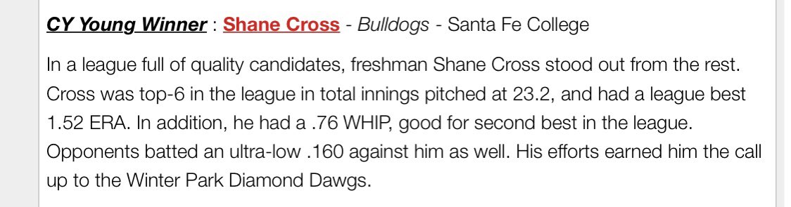 WinterParkCats's tweet photo. Congrats to Wildcats alum, Shane Cross, for being named the @FloridaLeagueD2 Cy Young Award winner and posting a league best 1.52 ERA!! @sluggershane https://t.co/AYObKIpAne