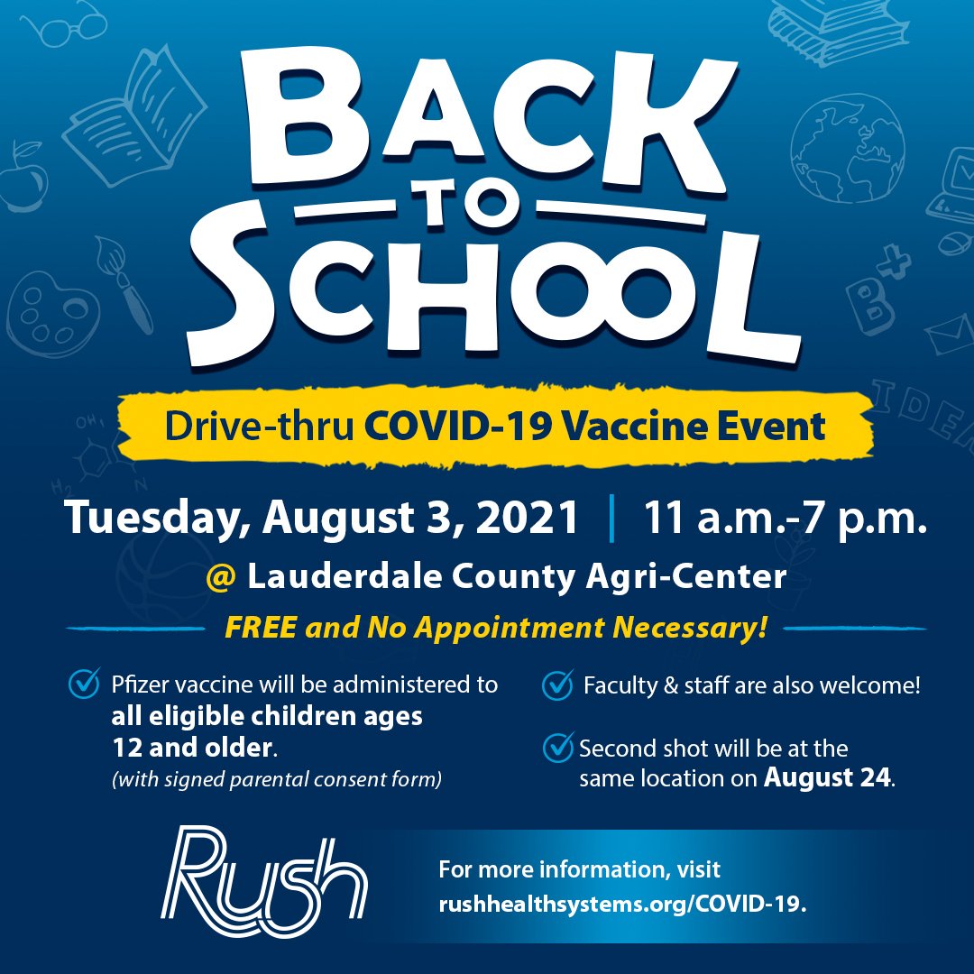 LauderdaleCSD's tweet photo. Free Back to School Drive-Thru Covid Vaccinations Available. Sponsored By: @Rush_Health https://t.co/dHVg6HqGxA https://t.co/DIByX3DN5r