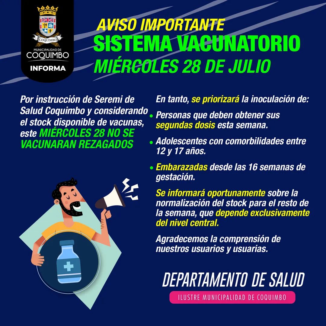 municoquimbo's tweet photo. ⭕AVISO IMPORTANTE⭕

Por instrucción de Seremi de Salud Coquimbo y debido al stock disponibles de vacunas, este miércoles NO❌ se vacunarán rezagados, enfocándo la campaña en la población objetiva.
Adolescentes con comorbilidades e ntre 12 y 17 años

Embarazadas desde las 16 s. https://t.co/F2mGfEHlxw