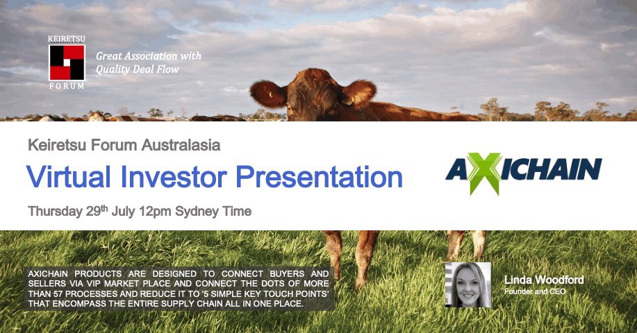 Join us tomorrow (Thurs) 29/7 at 12pm Sydney for <a href="/AxIchain/">AXIchain</a> !

They have built a #supplychain ecosystem that is providing much needed transparency, efficiencies and automation to industry

#DigitalTransformation #innovation #beef <a href="/meatlivestock/">Meat & Livestock Australia</a>