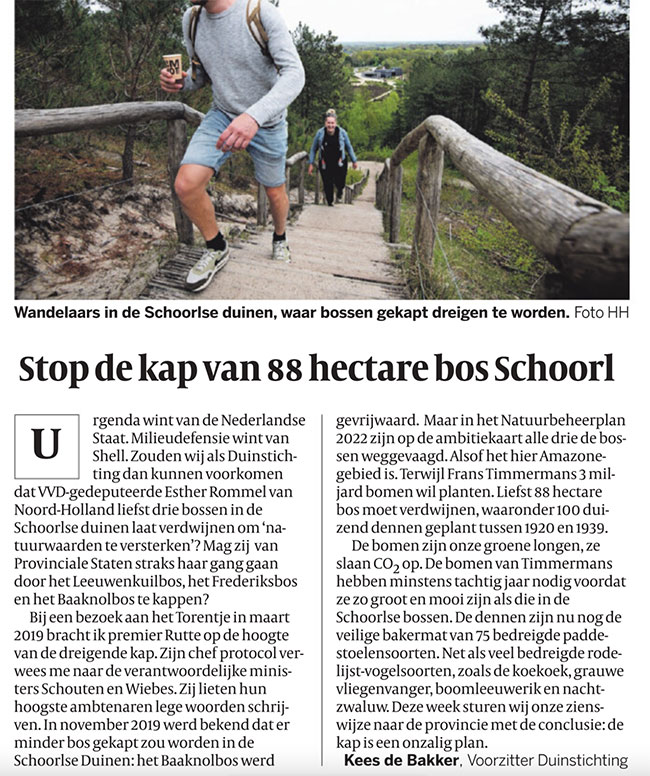 'Stop de kap van 88 hectare bos Schoorl' - brief van de dag in Volkskrant