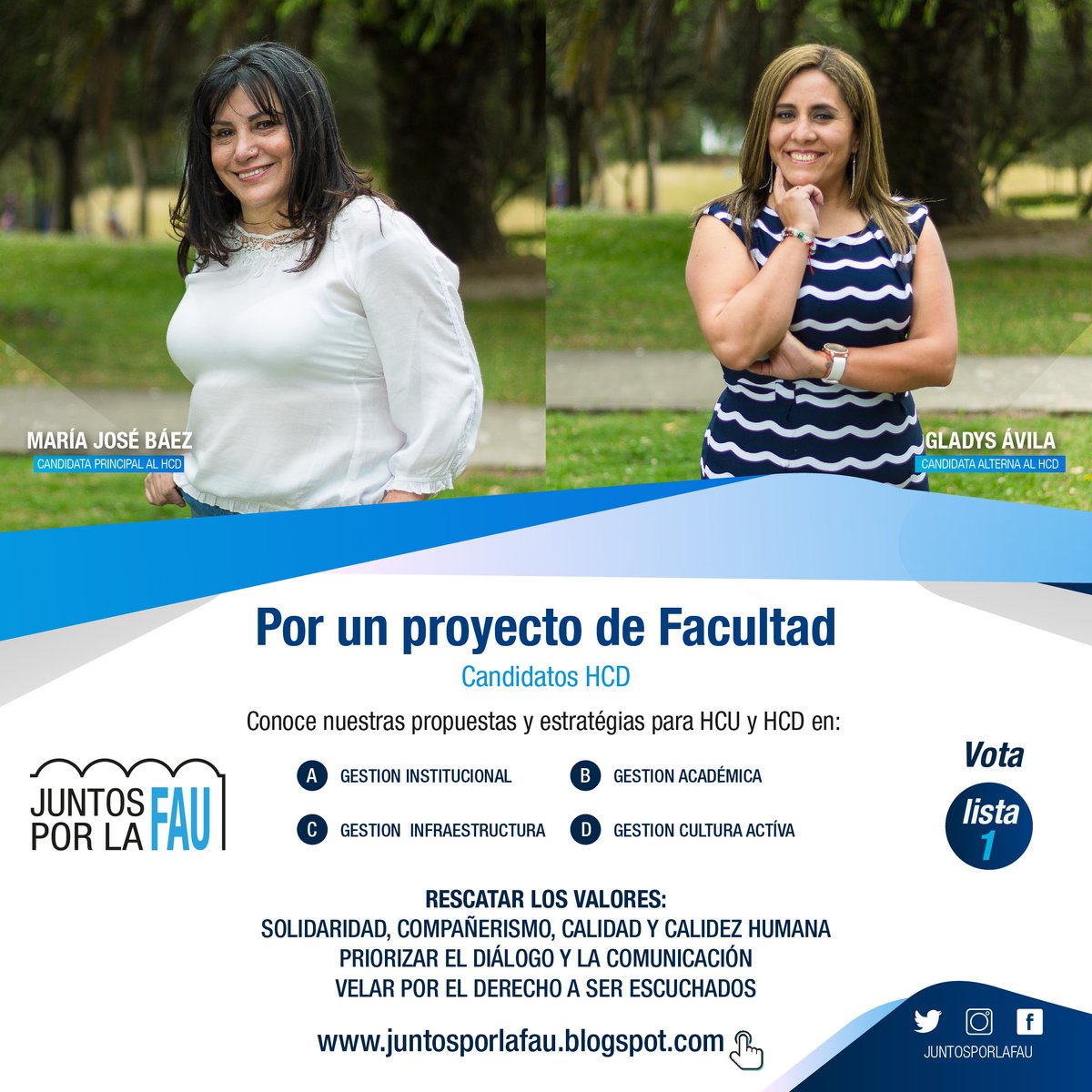Candidatos al HCD, Empleados y Trabajadores
Por un proyecto de Facultad
María José Báez, principal
Gladys Ávila, Alterna
Conoce nuestras propuestas en: juntosporlafau.blogspot.com
#JUNTOSPORLAFAU #UCE #UCentral #universidadcentraldelecuador #FacultaddeArquitecturayUrbanismo