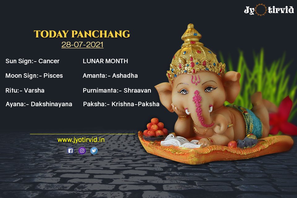 TalkJyotirvid's tweet photo. 🕉️ 🙏Today Panchang - 28 July 2021 🕉️ 🙏
Sun Sign: Cancer; Moon Sign: Pisces
Ritu: Varsha; Ayana: Dakshinayna
Lunar Month
Amanta - Ashadha; Purnimanta - Shravan
Paksha - Krishna-Paksha

Connect with the best astrologer for a consultation visit this link: https://t.co/3xccu8mTbh https://t.co/UKEyKhzDMC