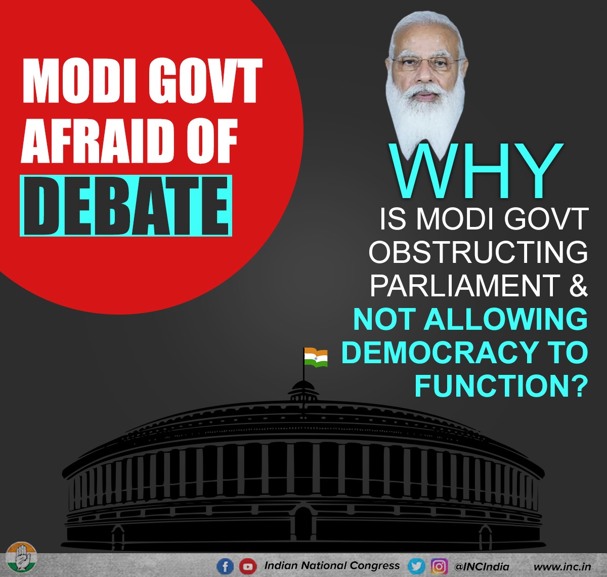 INCIndia's tweet photo. PM Modi, we have said it many times, we will say it again.

We are a democracy.
Running away from debate,
subverting discussions,
stifling dissent
is not how to run this great country of ours.

India resists &amp; rejects your undemocratic ways.

#BJPDebateSeDaroMat https://t.co/65s5sVuJFY