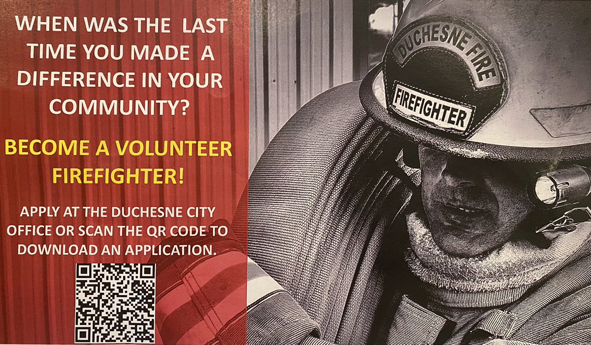 Apply today at: Duchesne City Office, 500 East Main, Duchesne Utah #Duchesnefire #makeadifferencedfd