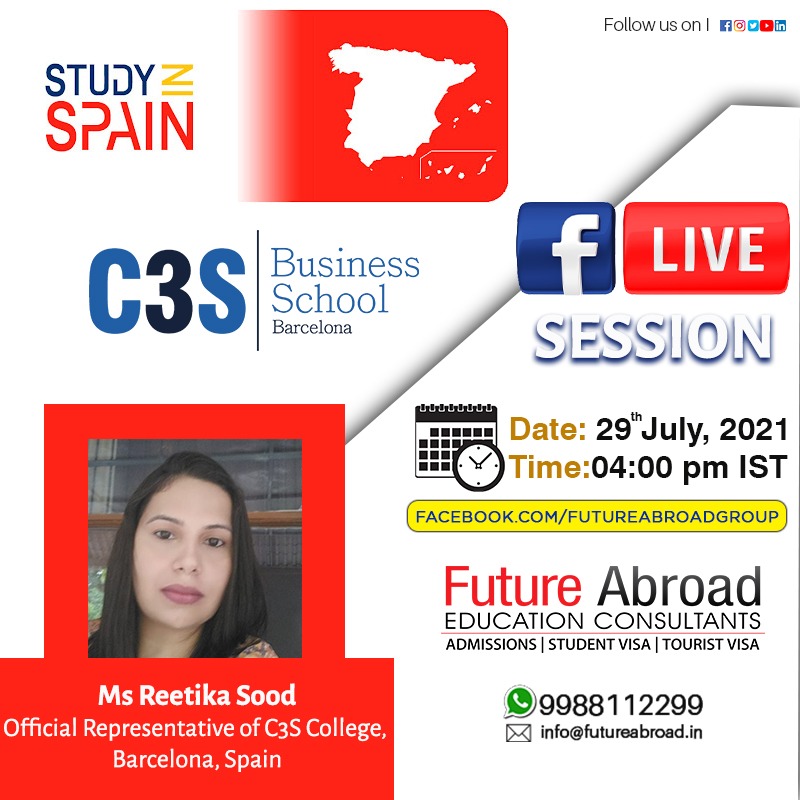 FutureAbroad44's tweet image. Hello All! You all are invited to attend our #Facebooklivesession on #29thJuly, 2021 at 4:00 pm IST. This session is on #C3Scollege, #Barcelona, #Spain and will be represented by Ms Reetika Sood, an official representative of C3S college. Be ready with your queries!
#FutureAbroad