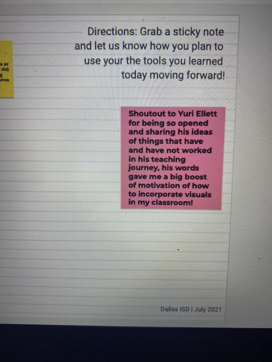 genesisalas21's tweet photo. Mr. Ellett had some amazing advice and words of encouragement in our breakout room today so naturally he got a Jamboard SHOUTOUT! Iβm so glad our trainings let us connect with teachers in schools around us! @BotelloElem @HBGonzalezPLA @PersonalizeDISD #PLWorkoutWeek https://t.co/OJ3wLxnW9X