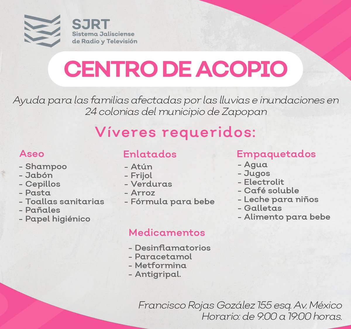 JaliscoTV's tweet photo. En apoyo a las familias afectadas por las recientes lluvias e inundaciones en #Zapopan, ponemos a tu disposición las instalaciones del #SJRT como centro de acopio, acá toda la información 👇🏼. https://t.co/QgPGNlXkf8