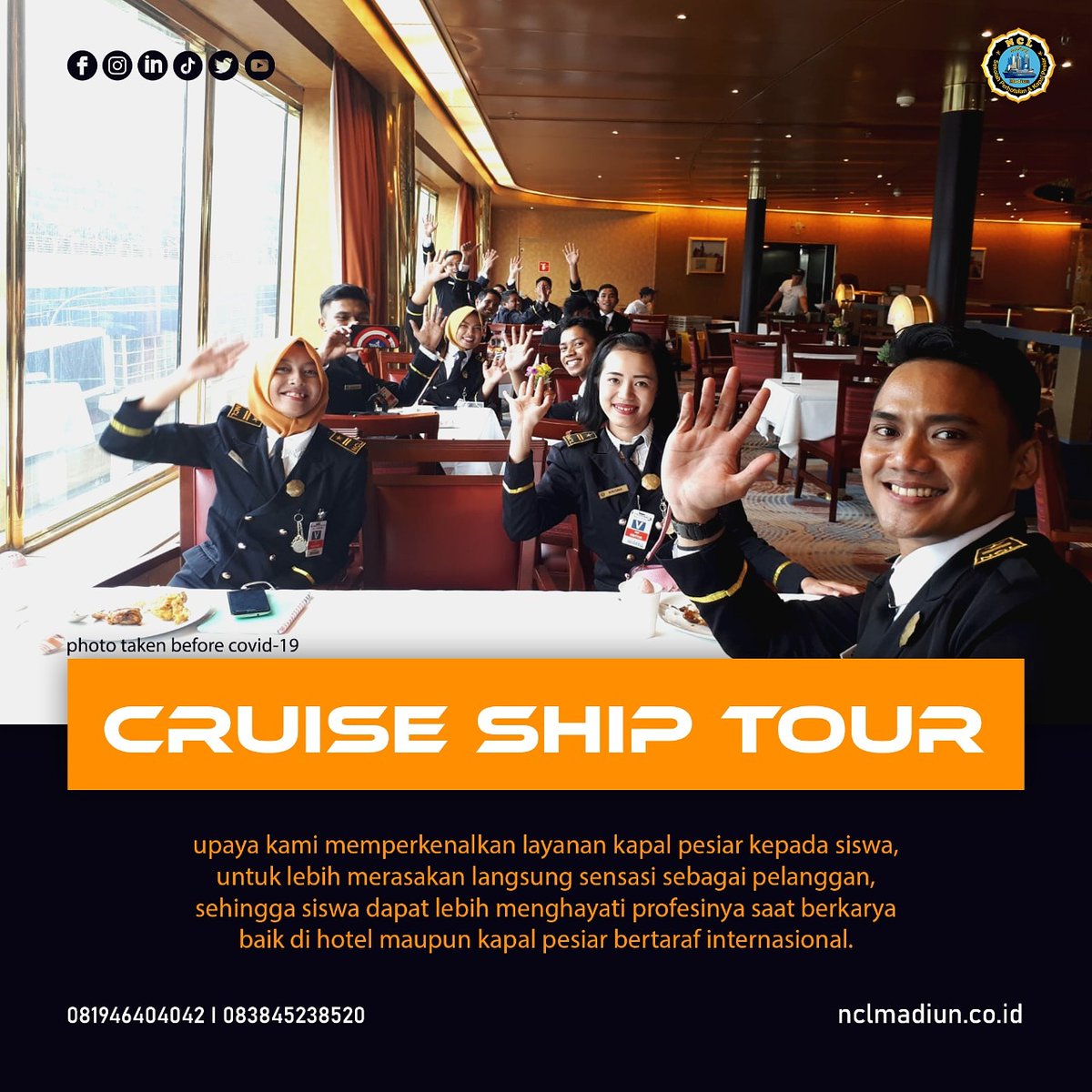 NclMadiun's tweet photo. _____________________________
reach your dreams with us:
https://t.co/uBQIGi3br5
081938830561, 083845238520, 081946404042

#nclmadiun #nclovers #kenclaja #ensilo #hith #kampuskapalpesiar #kampusperhotelan #kapalpesiar #peluangkarir #peluangkerja #perhotelan #viralindonesia https://t.co/dpbMGyq4kB