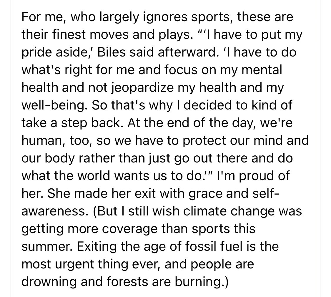 Solnit on point. 

“These young women are modeling for girls and young women and everyone else how to set boundaries, stand up for yourself, not let others dictate what is right and reasonable, and their right to dignity and self-determination.”
#Biles 
facebook.com/rebecca.solnit
